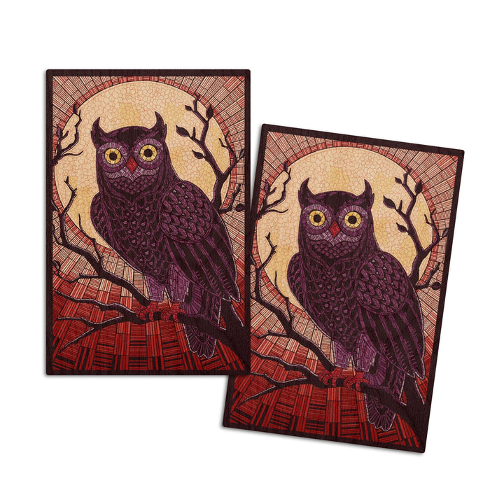 Owl, Paper Mosaic (Red), Lantern Press Poster, Wood Signs and Postcards Wood Lantern Press 4x6 Wood Postcard Set