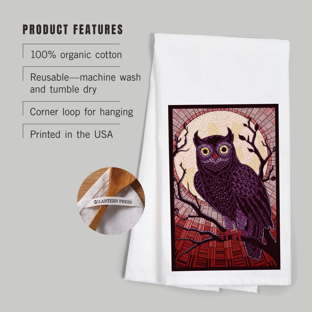Owl, Paper Mosaic (Red), Organic Cotton Kitchen Tea Towels Kitchen Lantern Press