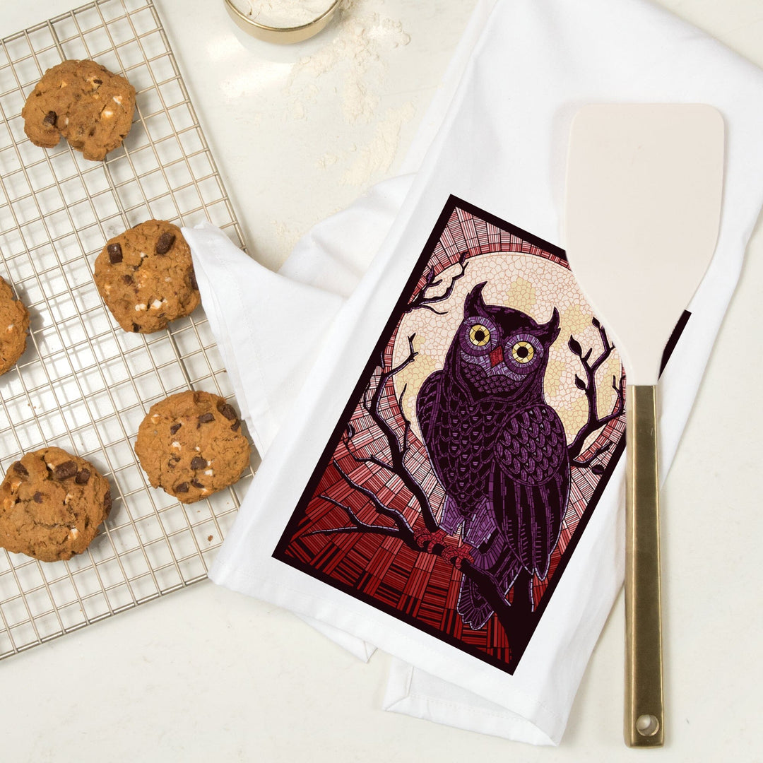 Owl, Paper Mosaic (Red), Organic Cotton Kitchen Tea Towels Kitchen Lantern Press