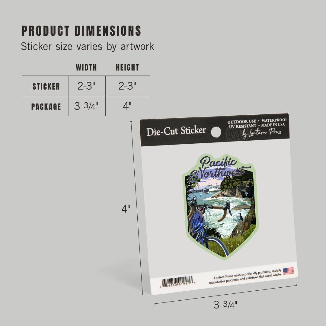 Pacific Northwest, Bike and Ferry, Contour, Vinyl Sticker Sticker Lantern Press