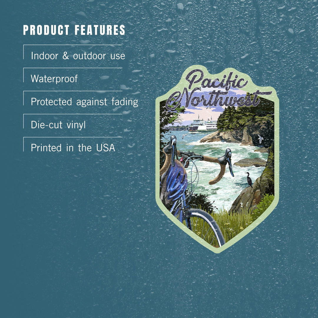 Pacific Northwest, Bike and Ferry, Contour, Vinyl Sticker Sticker Lantern Press