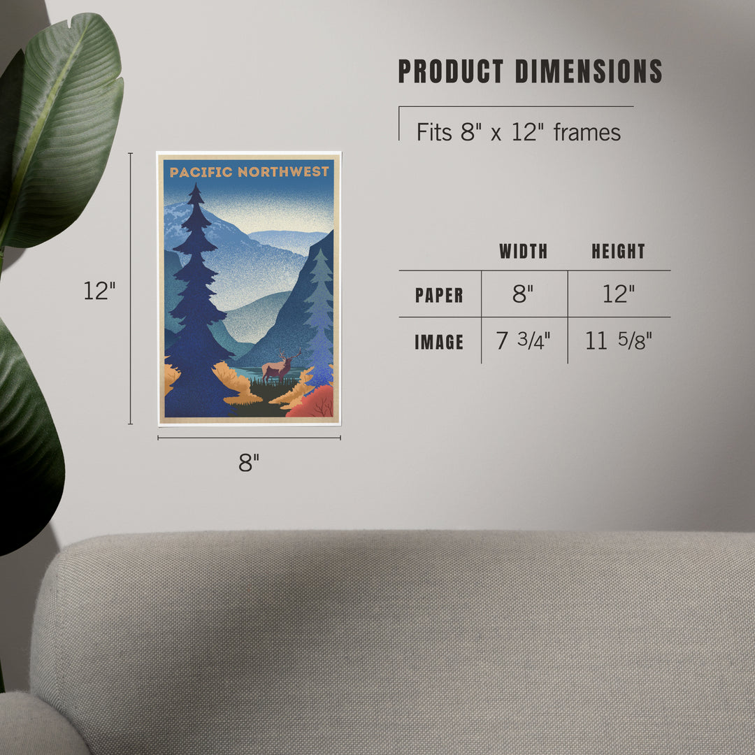 Pacific Northwest, Elk and Mountain Scene, Lithograph, Art & Giclee Prints Art Lantern Press
