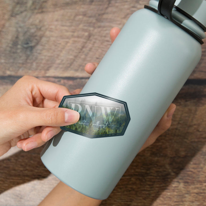 Pacific Northwest, Fog & Forest, Contour, Lantern Press Photography, Vinyl Sticker Sticker Lantern Press