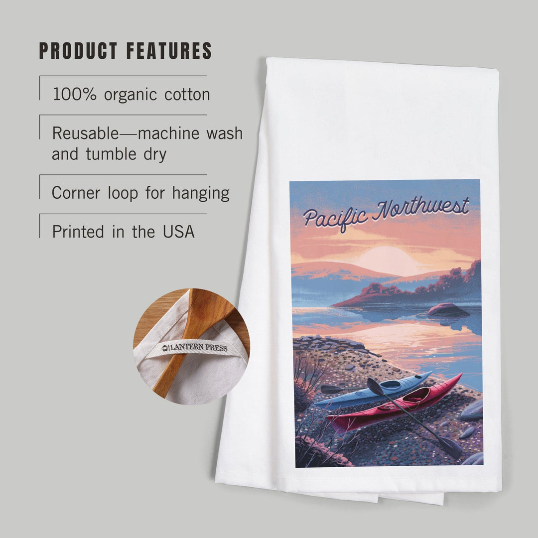 Pacific Northwest, Glassy Sunrise, Kayak, Organic Cotton Kitchen Tea Towels Kitchen Lantern Press