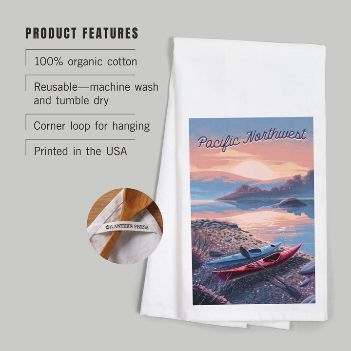 Pacific Northwest, Glassy Sunrise, Kayak, Organic Cotton Kitchen Tea Towels Kitchen Lantern Press