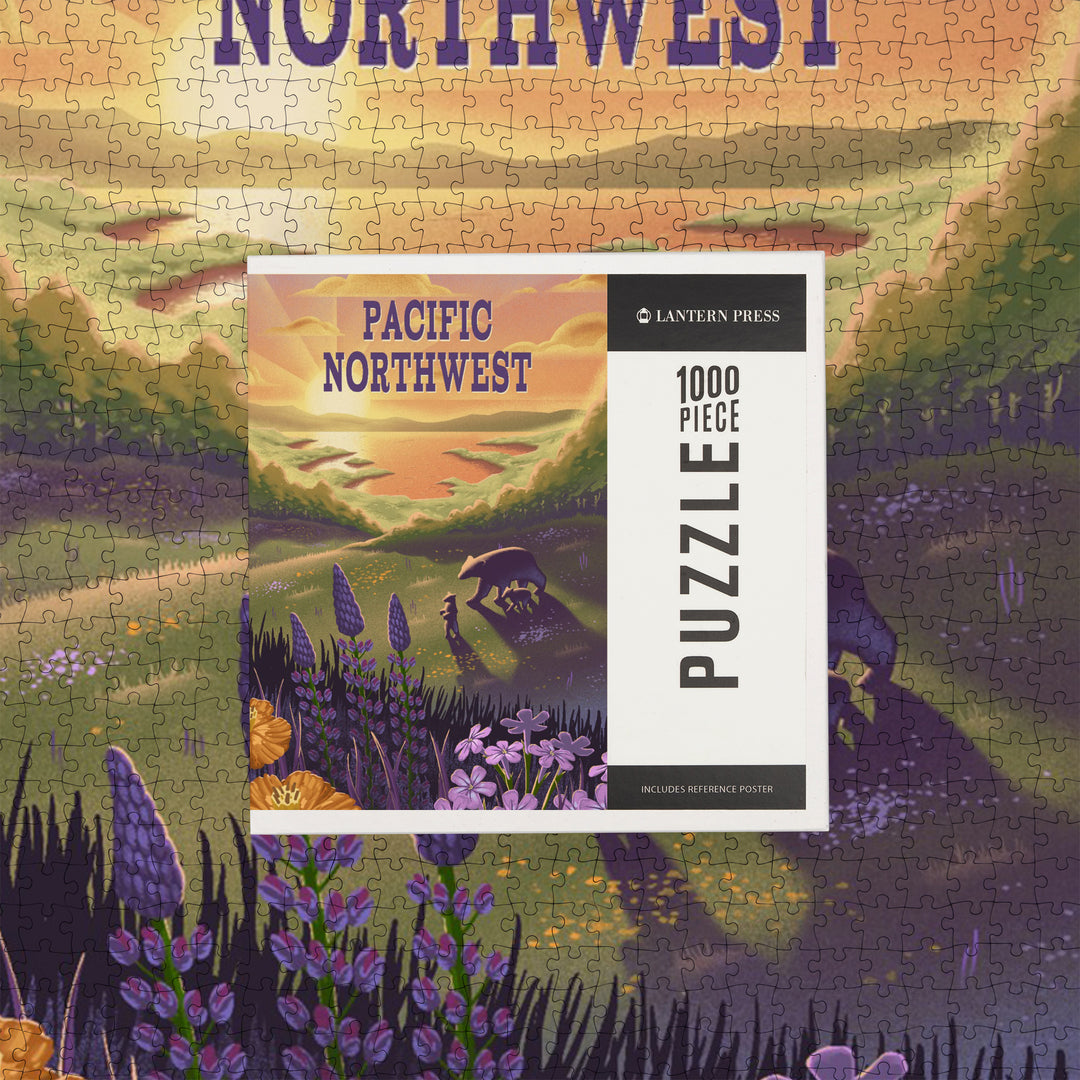 Pacific Northwest, Lithograph, Bear and Spring Flowers, Lake, Jigsaw Puzzle Puzzle Lantern Press