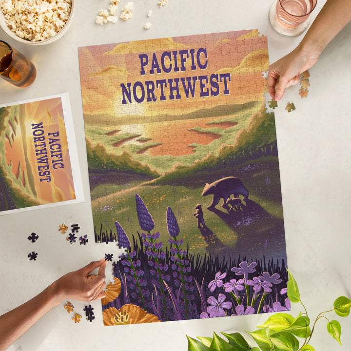 Pacific Northwest, Lithograph, Bear and Spring Flowers, Lake, Jigsaw Puzzle Puzzle Lantern Press