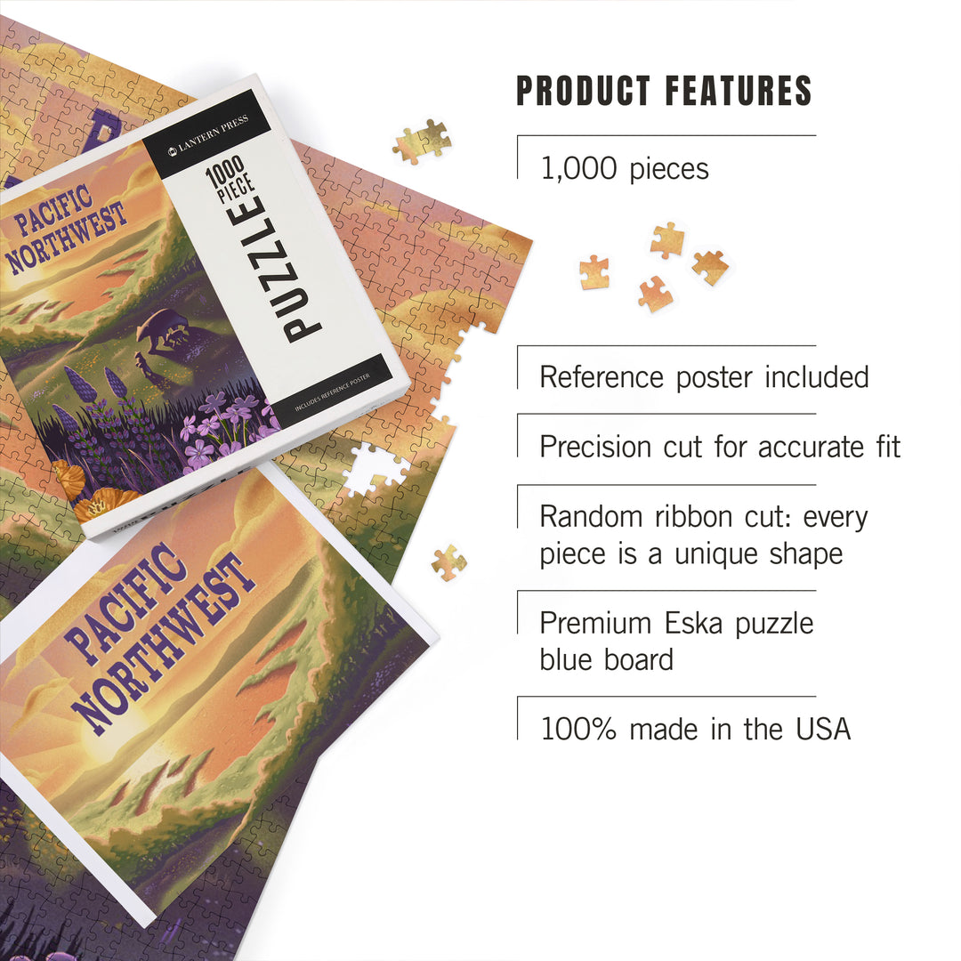 Pacific Northwest, Lithograph, Bear and Spring Flowers, Lake, Jigsaw Puzzle Puzzle Lantern Press