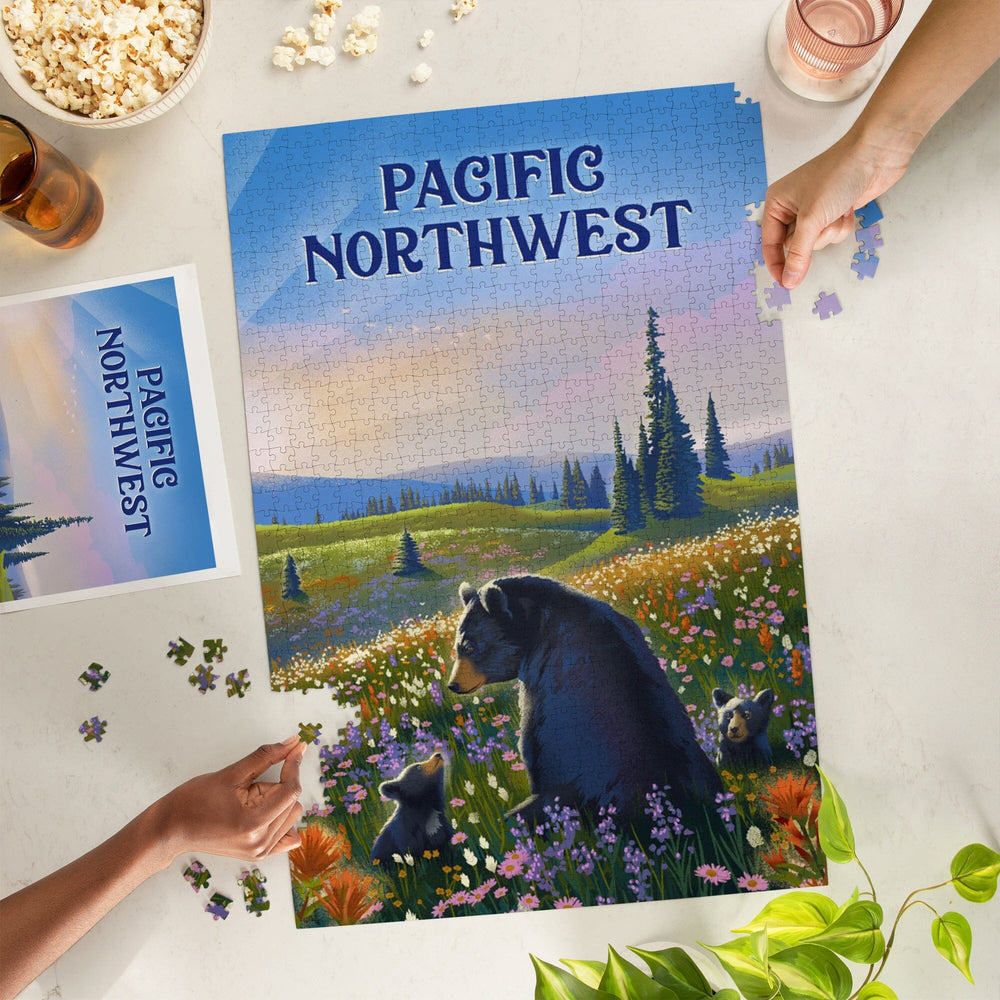 Pacific Northwest, Lithograph, Bear Family in Field, Jigsaw Puzzle Puzzle Lantern Press