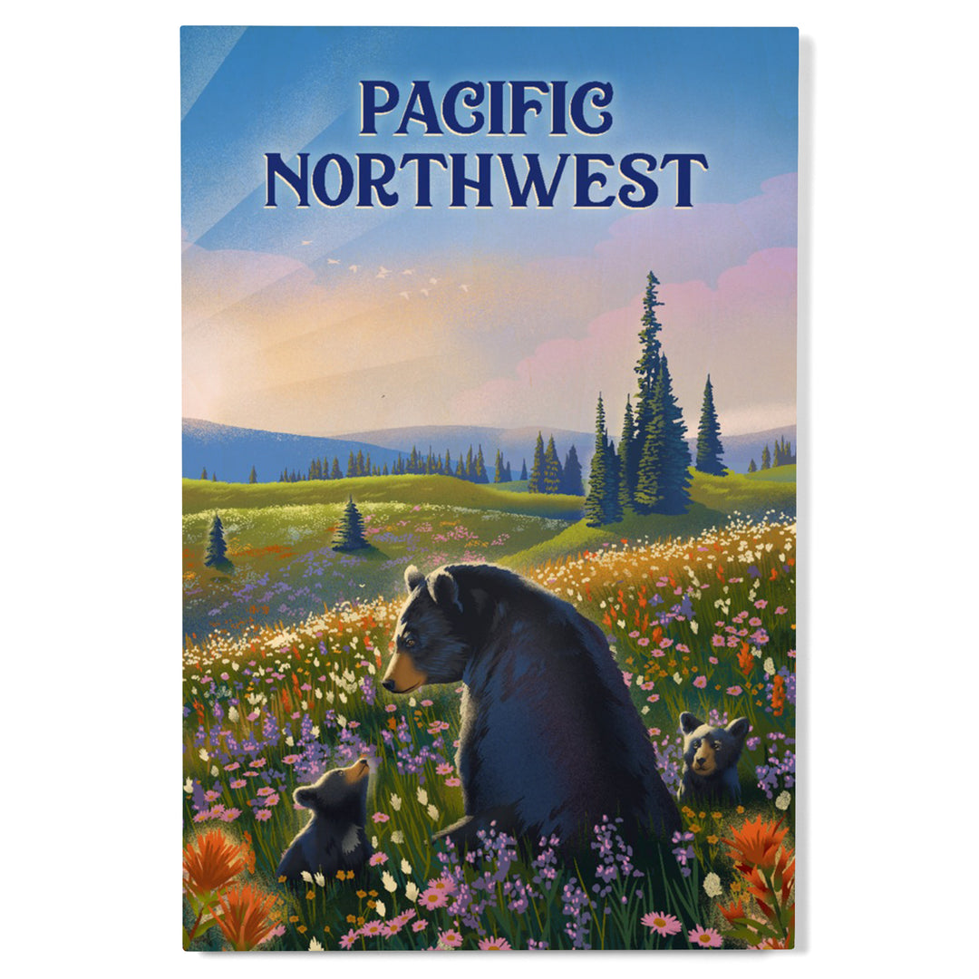 Pacific Northwest, Lithograph, Bear Family in Field, Wood Signs and Postcards Wood Lantern Press
