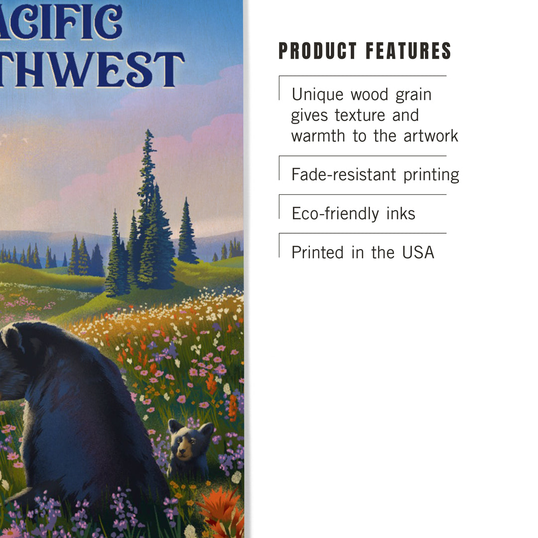 Pacific Northwest, Lithograph, Bear Family in Field, Wood Signs and Postcards Wood Lantern Press