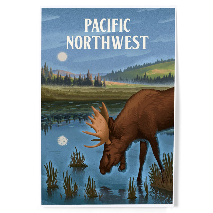 Pacific Northwest, Lithograph, Reflection Pond and Bull Moose, Art & Giclee Prints Art Lantern Press 12 x 18 Art Print