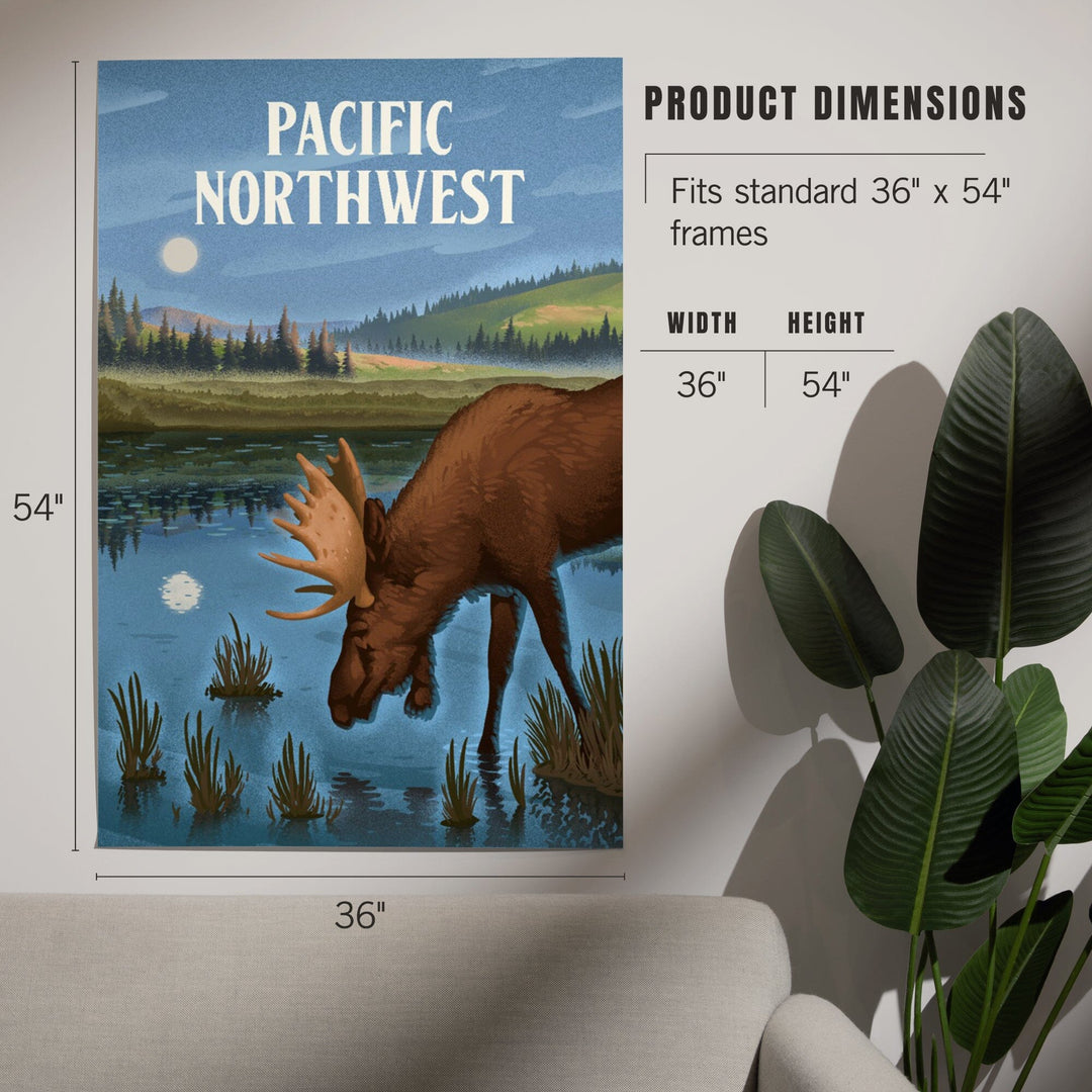 Pacific Northwest, Lithograph, Reflection Pond and Bull Moose, Art & Giclee Prints Art Lantern Press