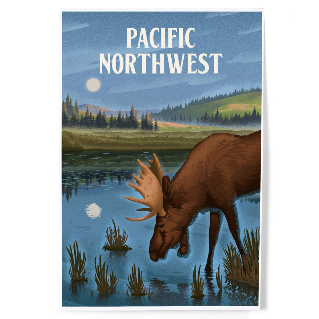 Pacific Northwest, Lithograph, Reflection Pond and Bull Moose, Art & Giclee Prints Art Lantern Press