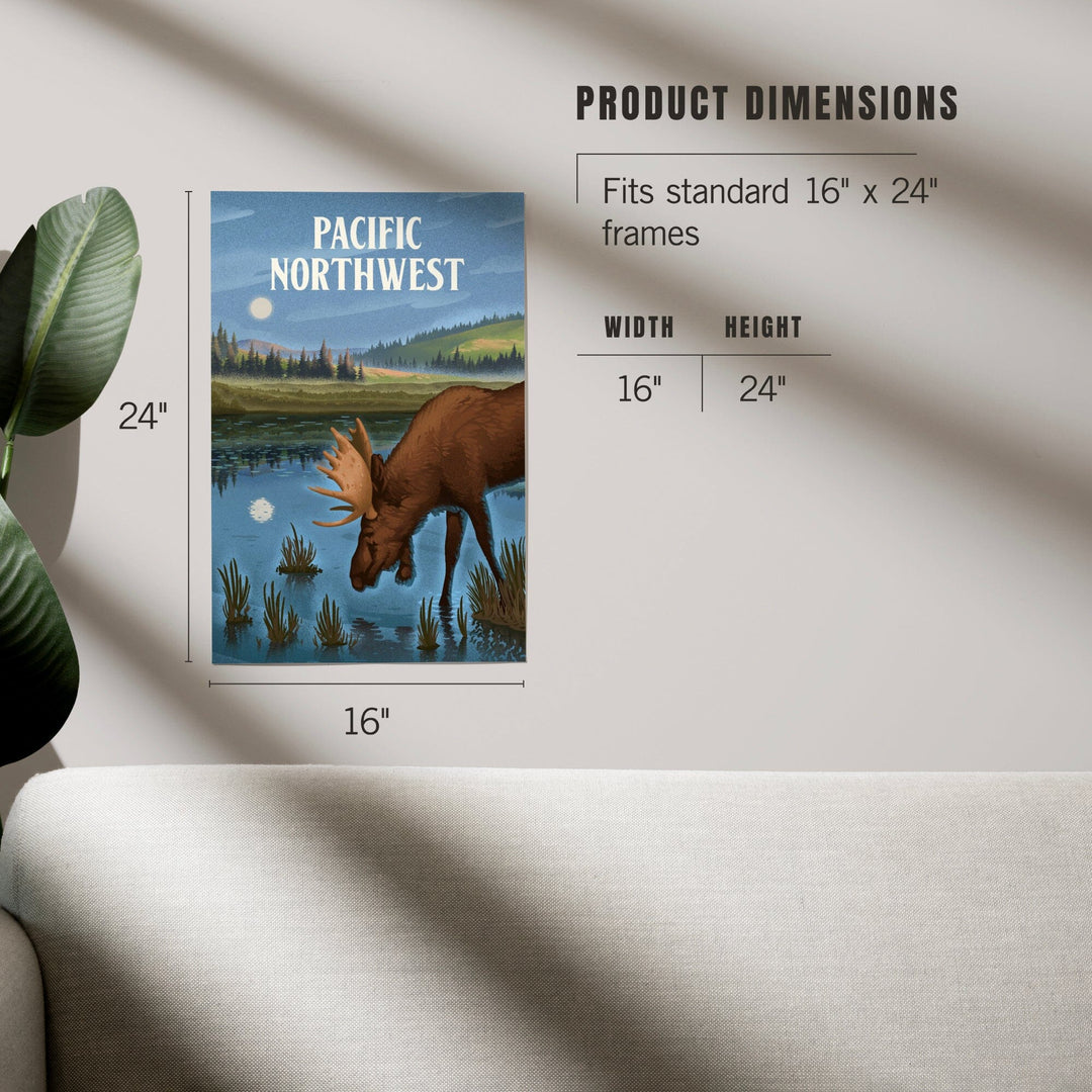 Pacific Northwest, Lithograph, Reflection Pond and Bull Moose, Art & Giclee Prints Art Lantern Press