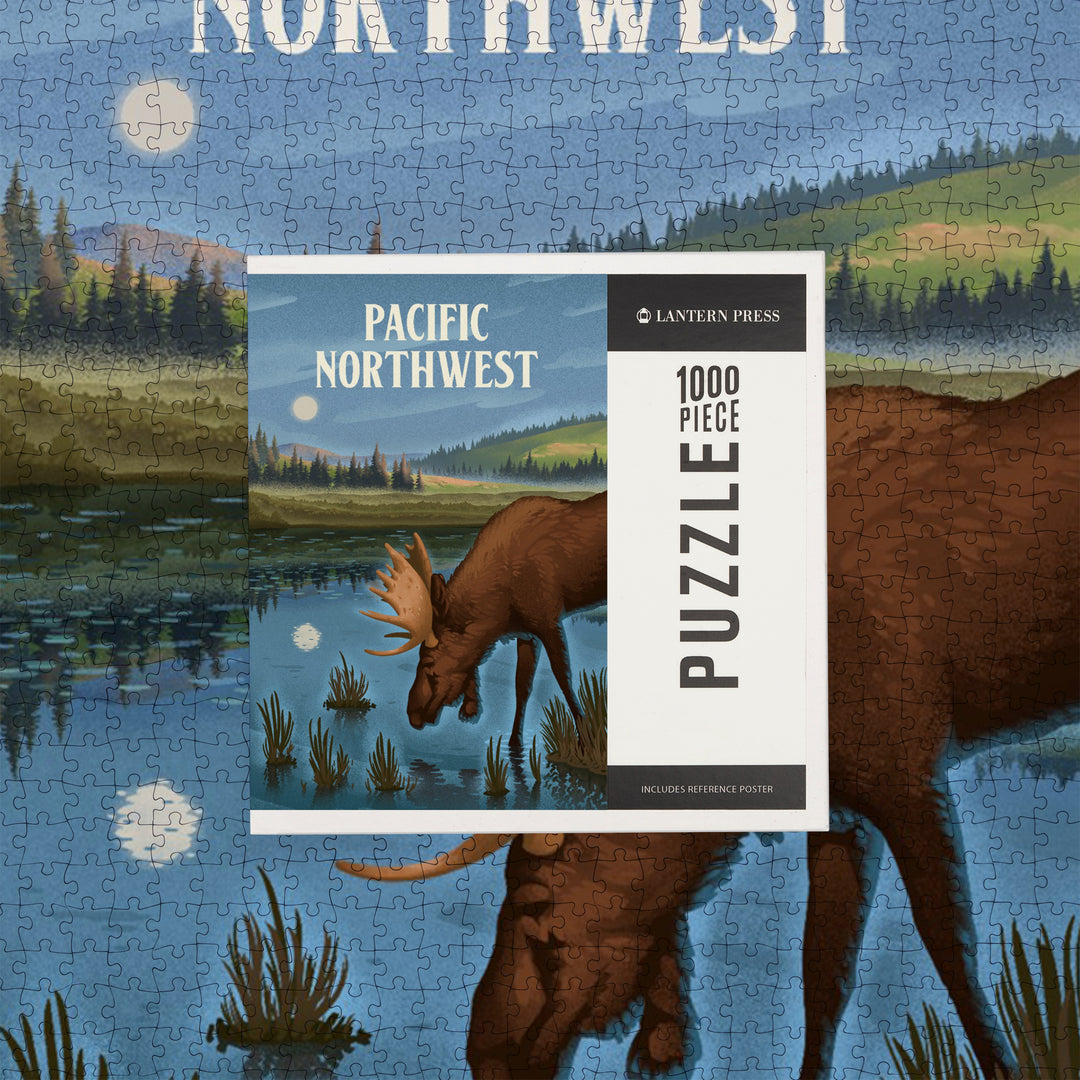 Pacific Northwest, Lithograph, Reflection Pond and Bull Moose, Jigsaw Puzzle Puzzle Lantern Press