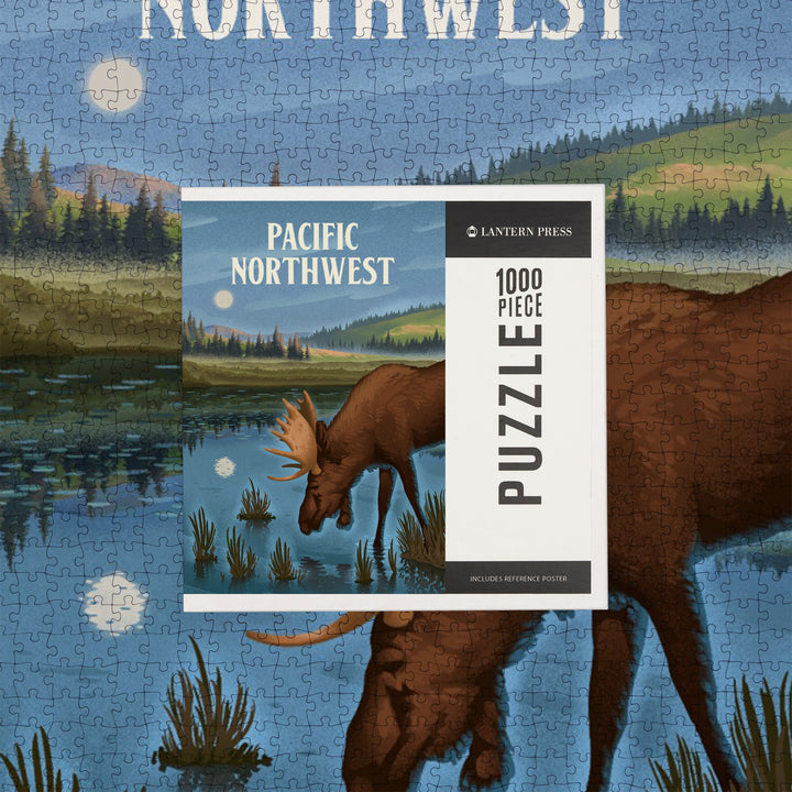 Pacific Northwest, Lithograph, Reflection Pond and Bull Moose, Jigsaw Puzzle Puzzle Lantern Press