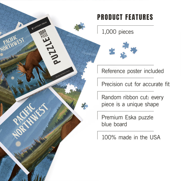 Pacific Northwest, Lithograph, Reflection Pond and Bull Moose, Jigsaw Puzzle Puzzle Lantern Press