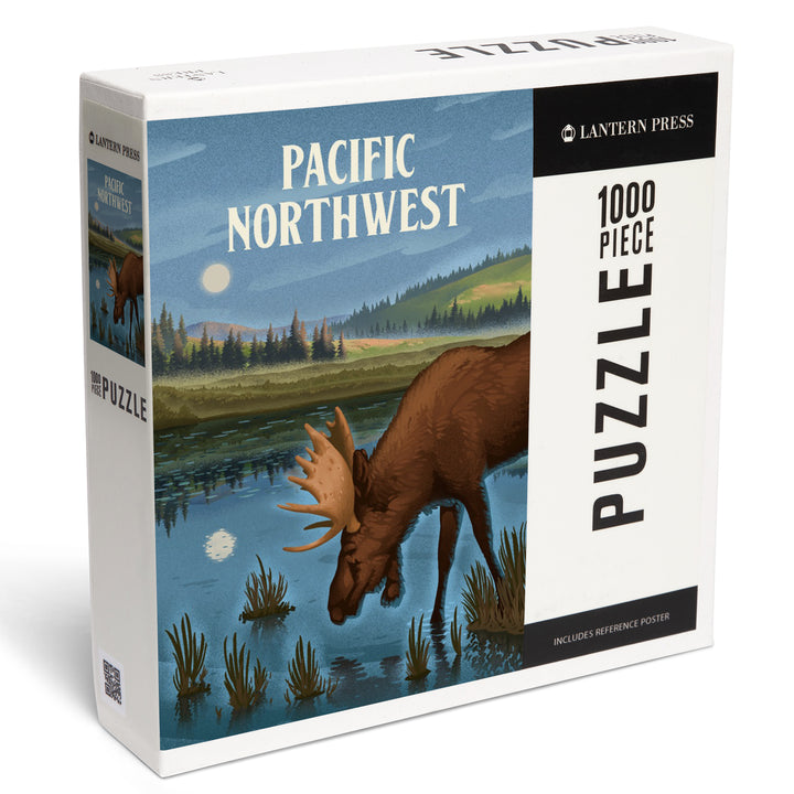 Pacific Northwest, Lithograph, Reflection Pond and Bull Moose, Jigsaw Puzzle Puzzle Lantern Press