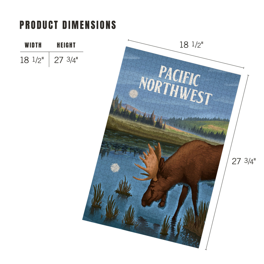 Pacific Northwest, Lithograph, Reflection Pond and Bull Moose, Jigsaw Puzzle Puzzle Lantern Press