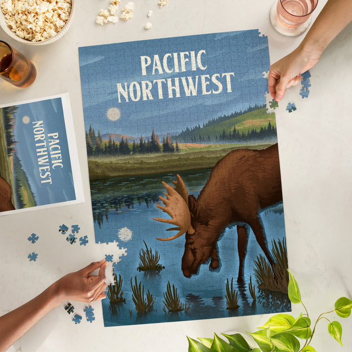 Pacific Northwest, Lithograph, Reflection Pond and Bull Moose, Jigsaw Puzzle Puzzle Lantern Press