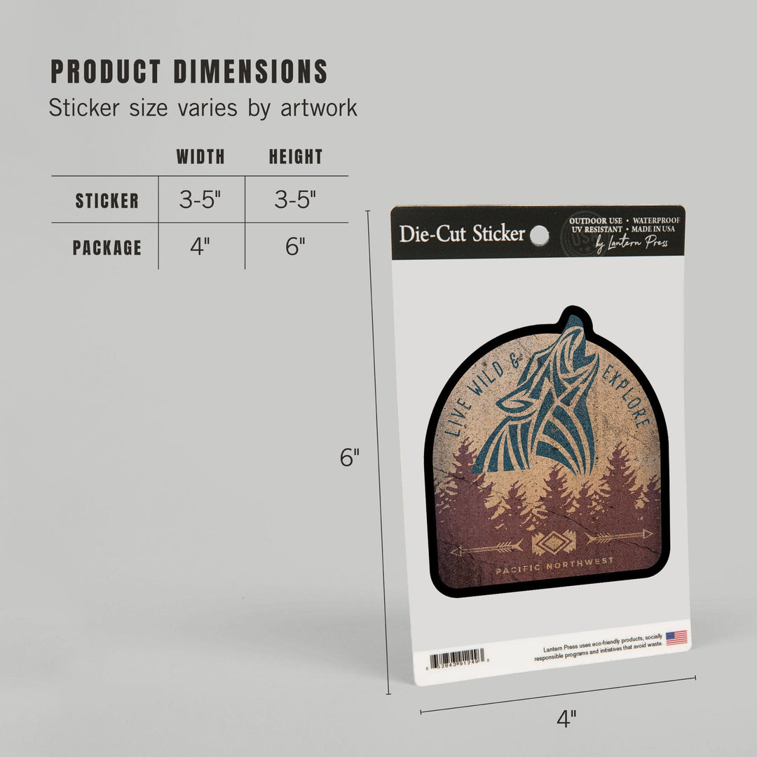 Pacific Northwest, Live Wild & Explore, Wolf Howling, Contour, Lantern Press Artwork, Vinyl Sticker Sticker Lantern Press