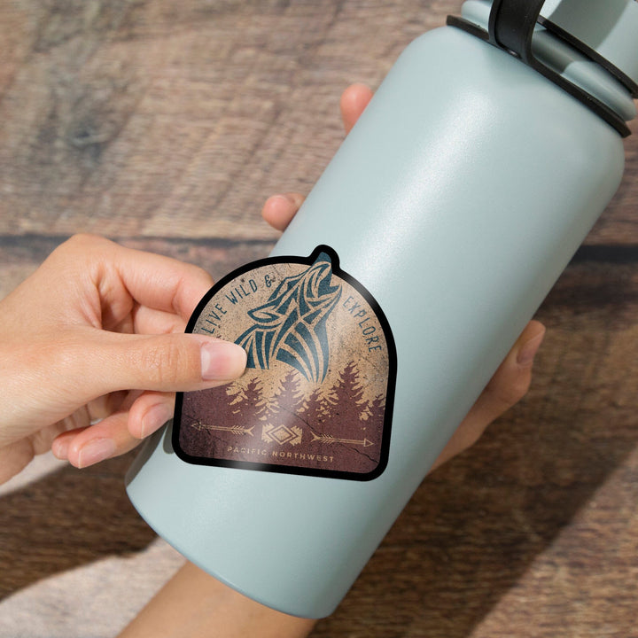 Pacific Northwest, Live Wild & Explore, Wolf Howling, Contour, Lantern Press Artwork, Vinyl Sticker Sticker Lantern Press