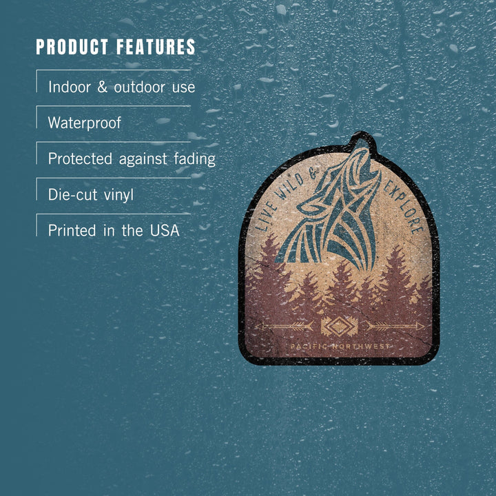 Pacific Northwest, Live Wild & Explore, Wolf Howling, Contour, Lantern Press Artwork, Vinyl Sticker Sticker Lantern Press