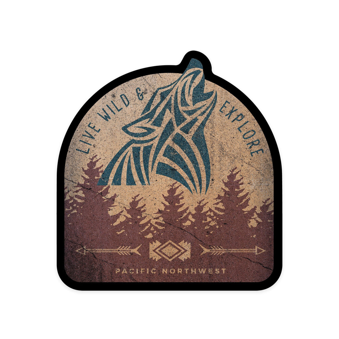 Pacific Northwest, Live Wild & Explore, Wolf Howling, Contour, Lantern Press Artwork, Vinyl Sticker Sticker Lantern Press