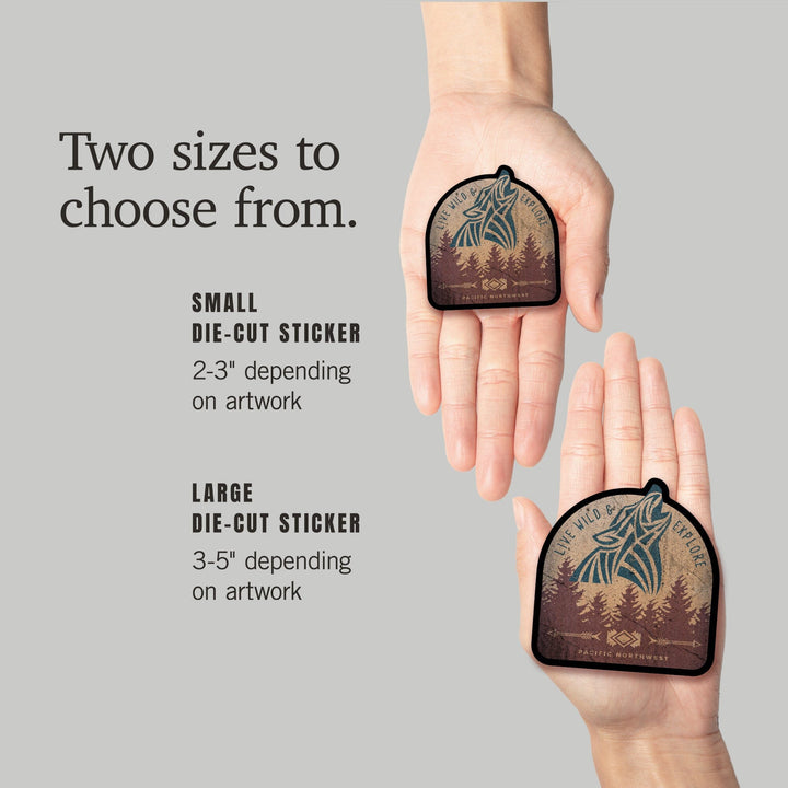 Pacific Northwest, Live Wild & Explore, Wolf Howling, Contour, Lantern Press Artwork, Vinyl Sticker Sticker Lantern Press