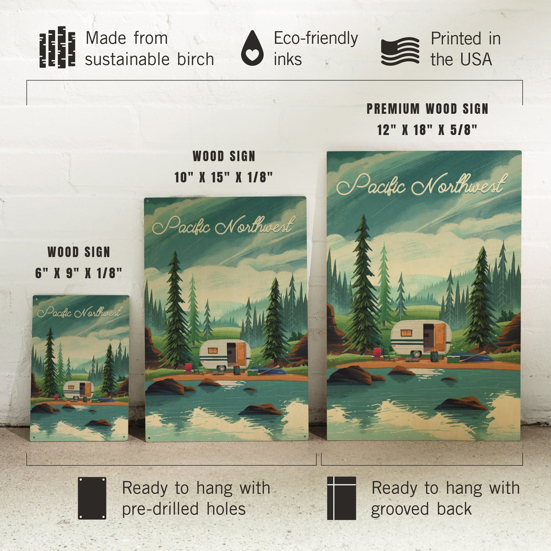 Pacific Northwest, Outdoor Activity, At Home Anywhere, Camper in Evergreens, Wood Signs and Postcards Wood Lantern Press