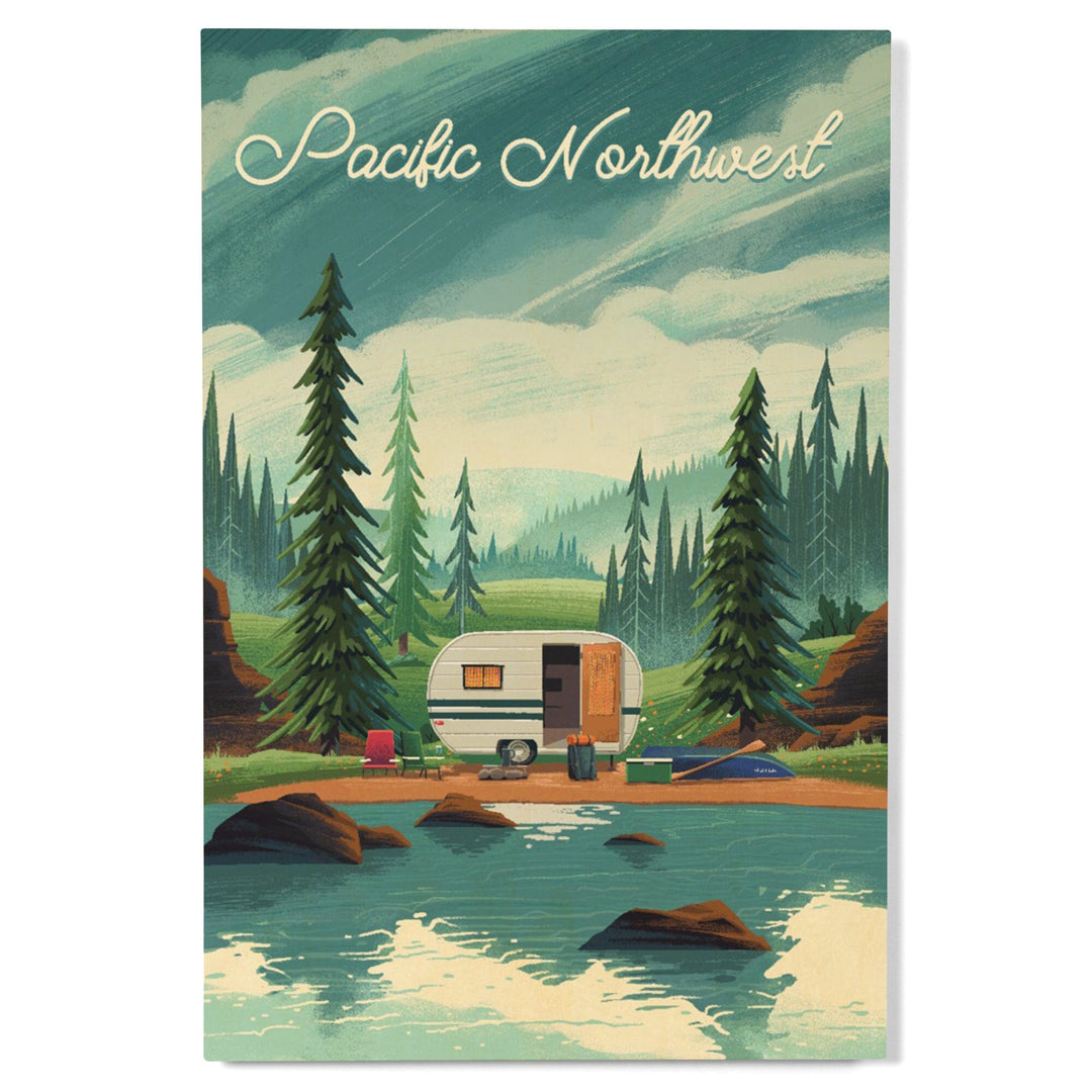 Pacific Northwest, Outdoor Activity, At Home Anywhere, Camper in Evergreens, Wood Signs and Postcards Wood Lantern Press