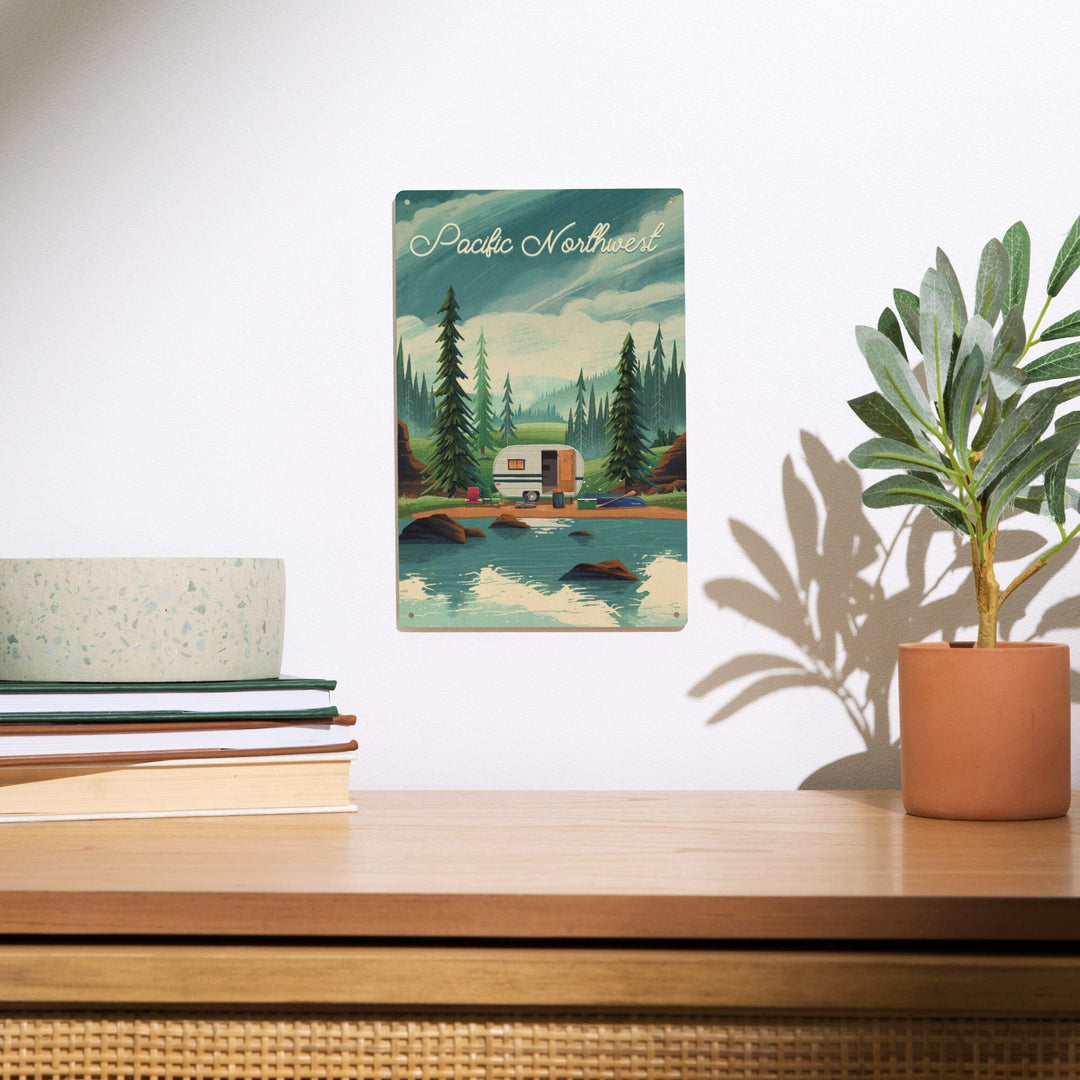 Pacific Northwest, Outdoor Activity, At Home Anywhere, Camper in Evergreens, Wood Signs and Postcards Wood Lantern Press