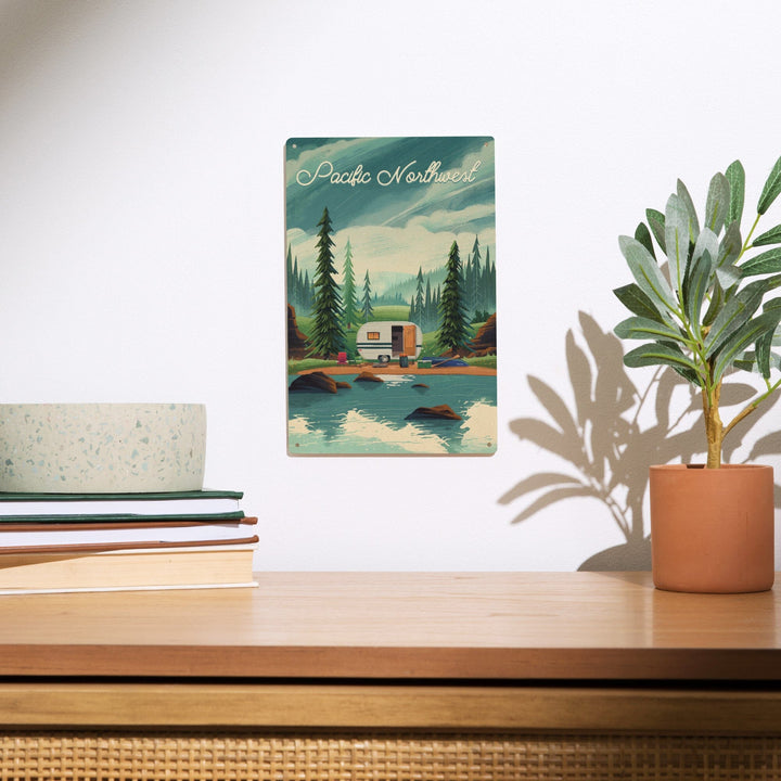 Pacific Northwest, Outdoor Activity, At Home Anywhere, Camper in Evergreens, Wood Signs and Postcards Wood Lantern Press