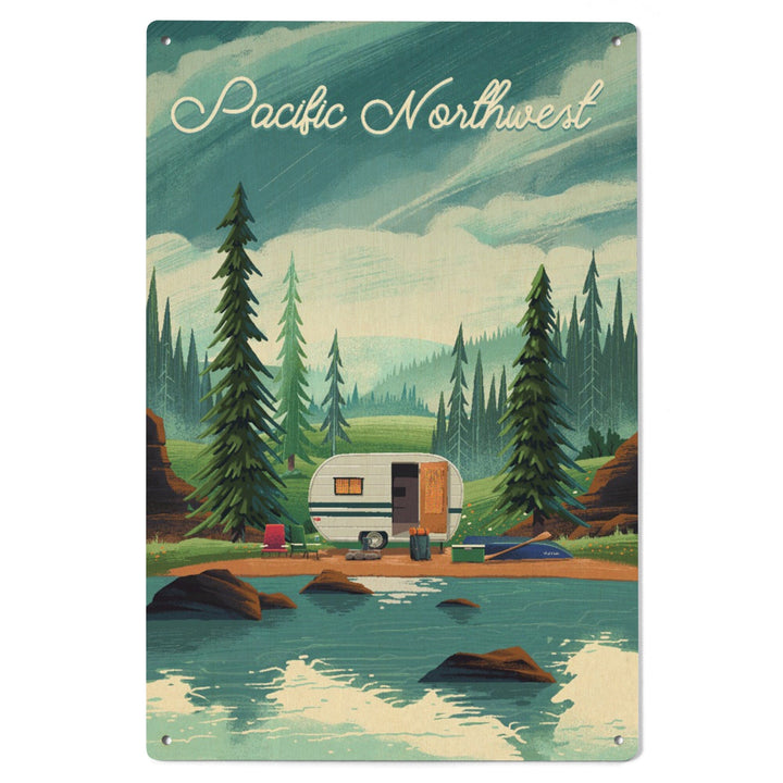 Pacific Northwest, Outdoor Activity, At Home Anywhere, Camper in Evergreens, Wood Signs and Postcards Wood Lantern Press