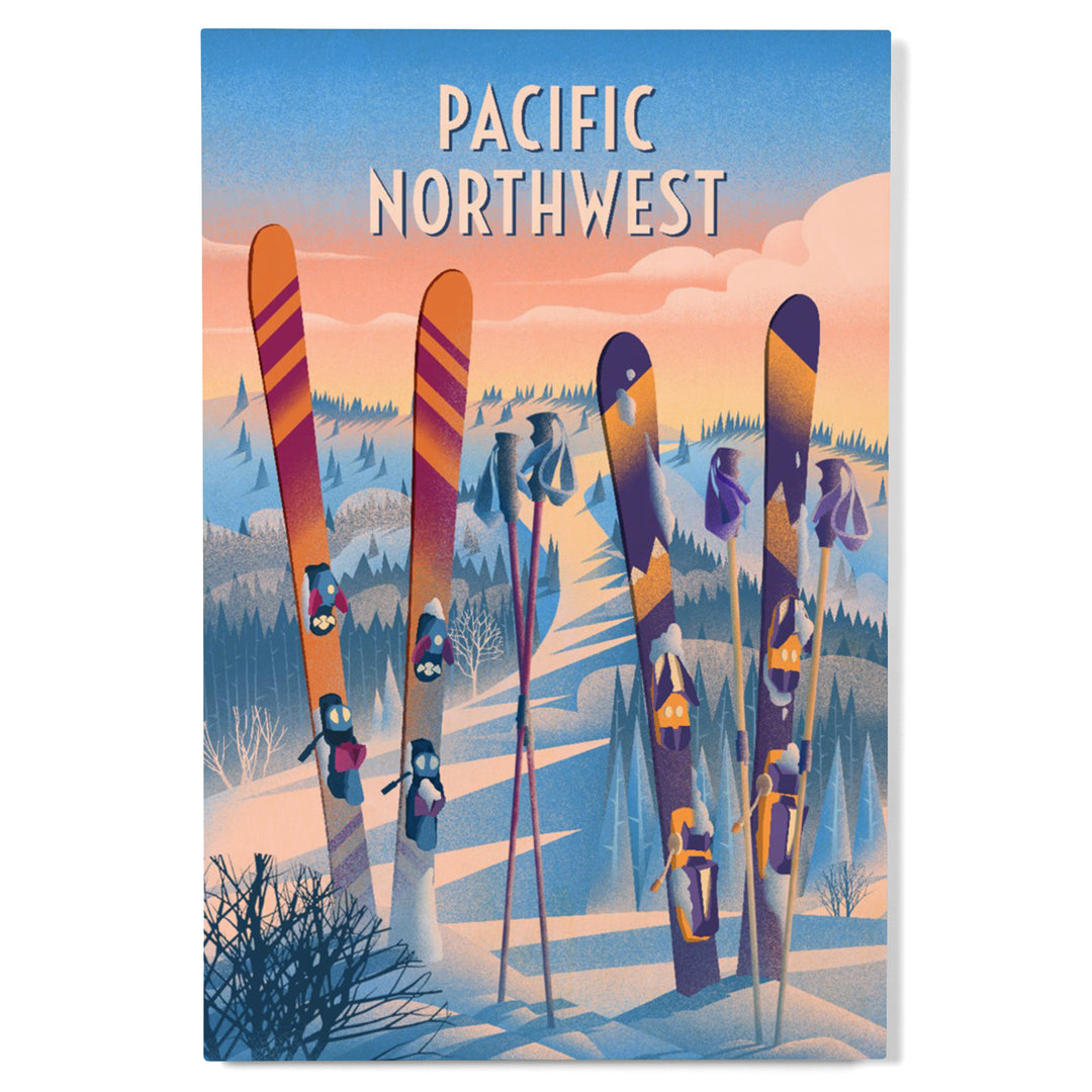 Pacific Northwest, Prepare for Takeoff, Skis in Snowbank, Wood Signs and Postcards Wood Lantern Press