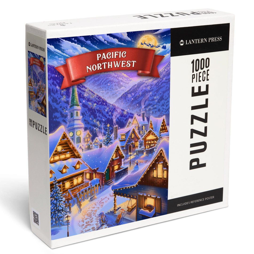 Pacific Northwest, Sleepy Winter Village, Jigsaw Puzzle Puzzle Lantern Press