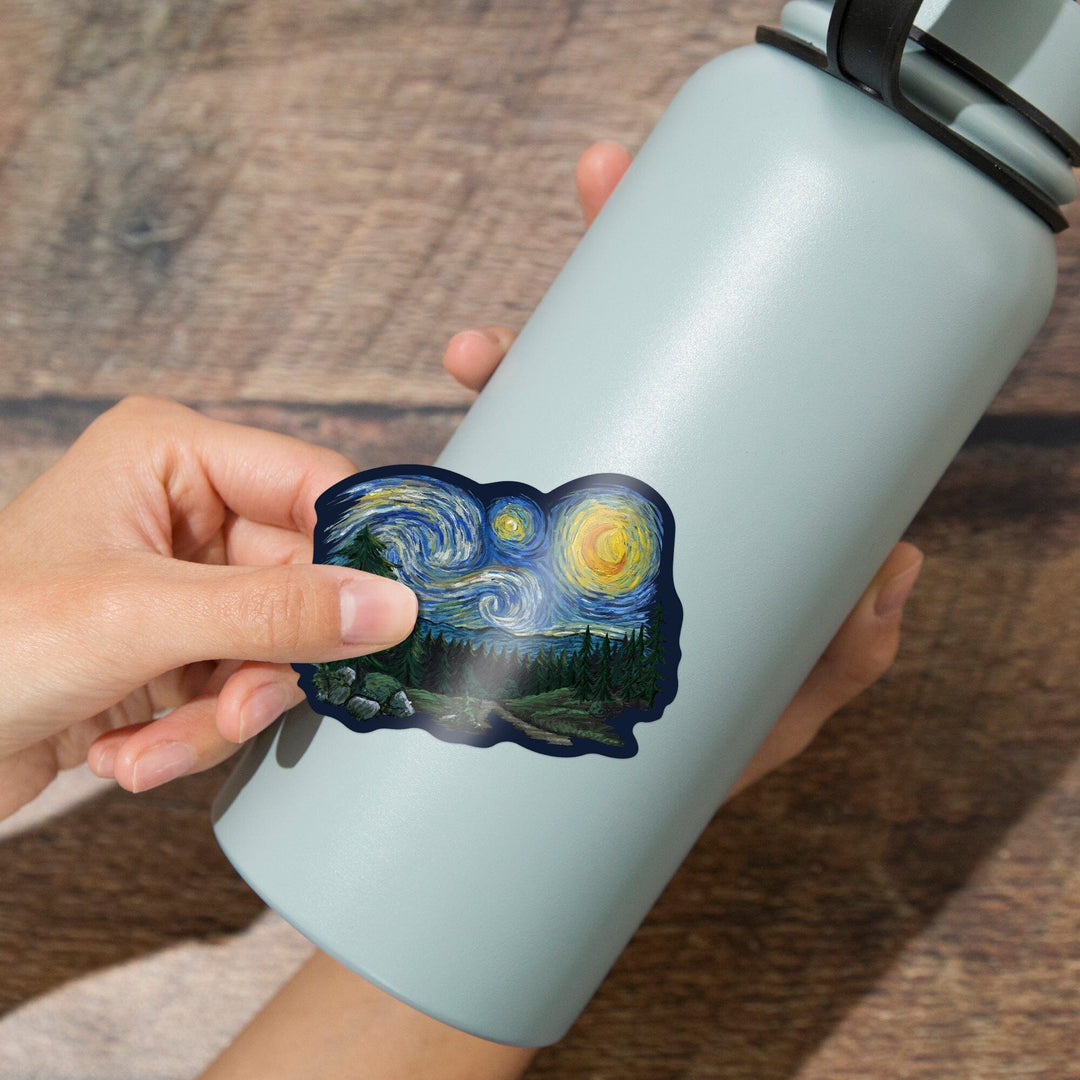 Pacific Northwest, Van Gogh Starry Night, Contour, Lantern Press Artwork, Vinyl Sticker Sticker Lantern Press