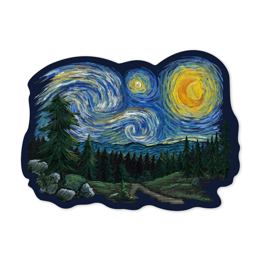 Pacific Northwest, Van Gogh Starry Night, Contour, Lantern Press Artwork, Vinyl Sticker Sticker Lantern Press