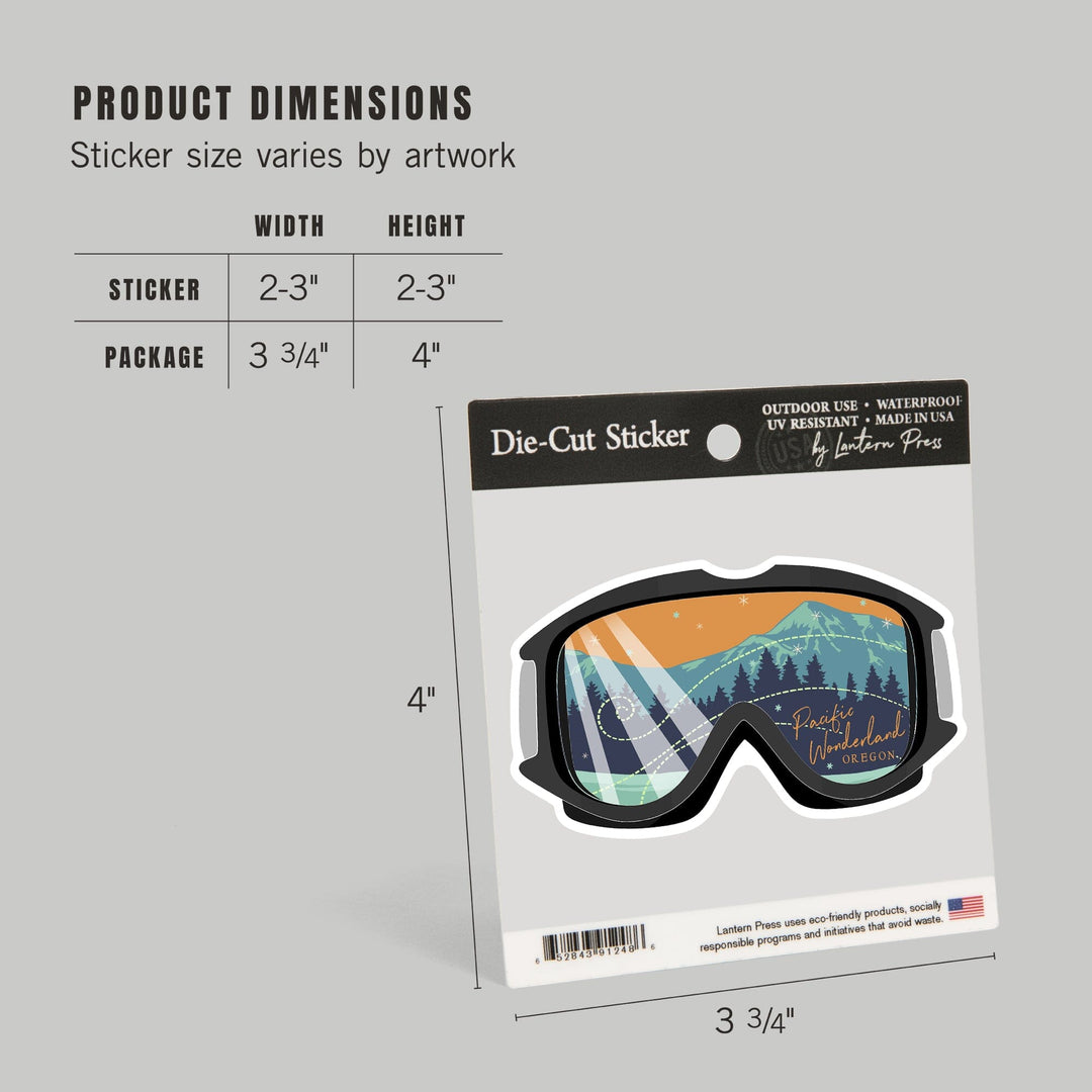 Pacific Wonderland, Oregon, Ski Goggles, Contour, Lantern Press Artwork, Vinyl Sticker Sticker Lantern Press
