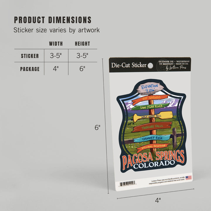 Pagosa Springs, Colorado, Destination Signpost, Contour, Lantern Press Artwork, Vinyl Sticker Sticker Lantern Press