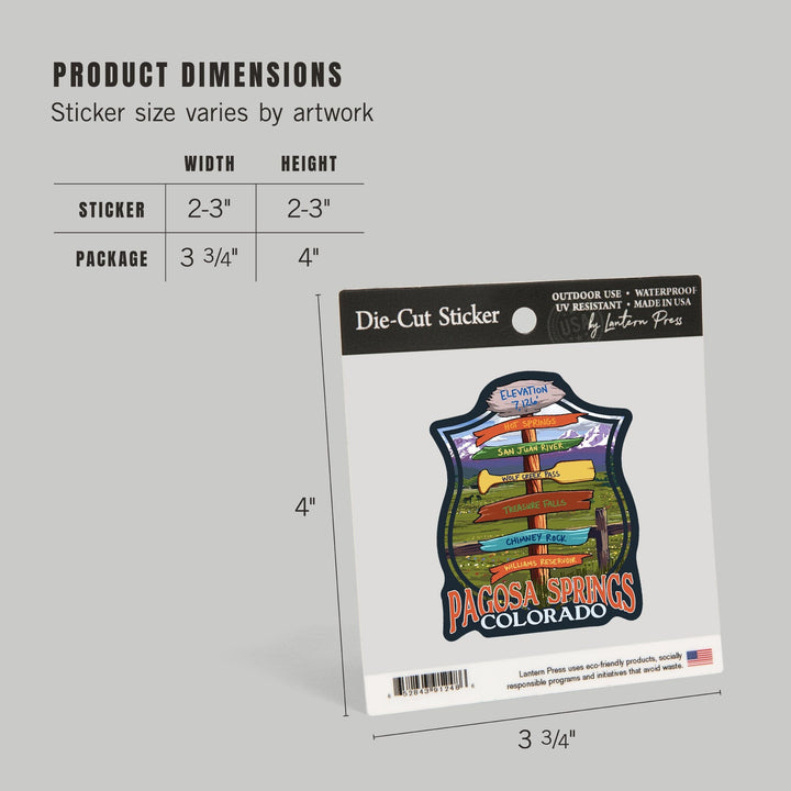 Pagosa Springs, Colorado, Destination Signpost, Contour, Lantern Press Artwork, Vinyl Sticker Sticker Lantern Press