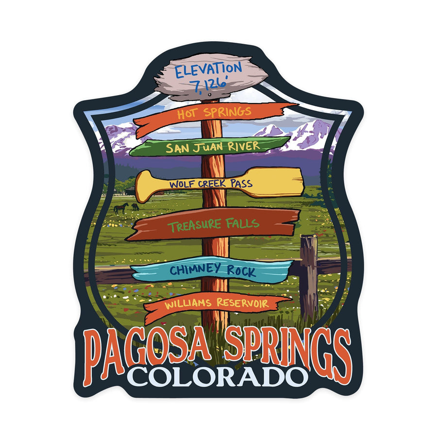 Pagosa Springs, Colorado, Destination Signpost, Contour, Lantern Press Artwork, Vinyl Sticker Sticker Lantern Press