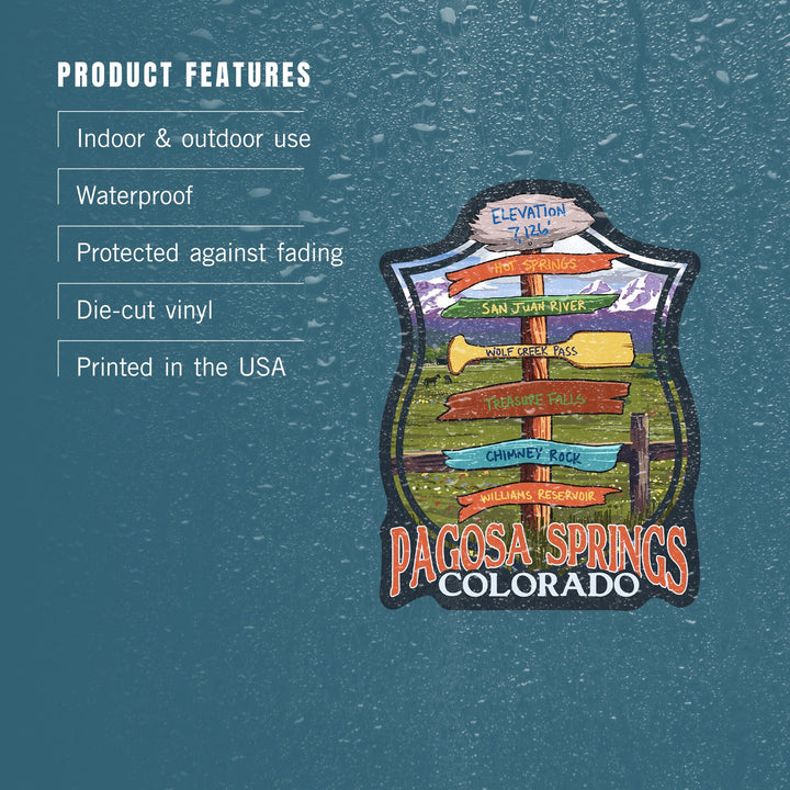 Pagosa Springs, Colorado, Destination Signpost, Contour, Lantern Press Artwork, Vinyl Sticker Sticker Lantern Press