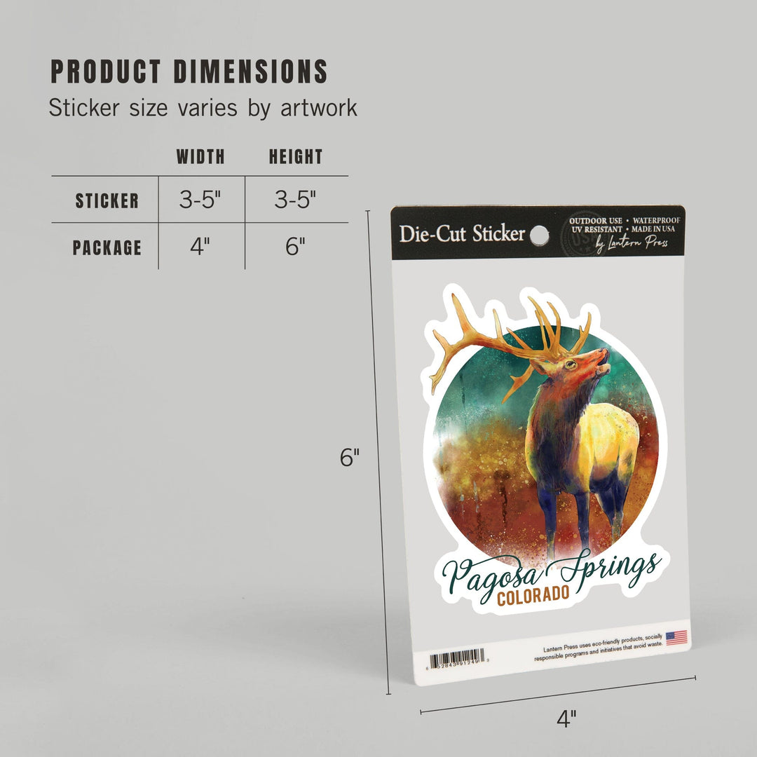 Pagosa Springs, Colorado, Elk, Watercolor, Contour, Lantern Press Artwork, Vinyl Sticker Sticker Lantern Press