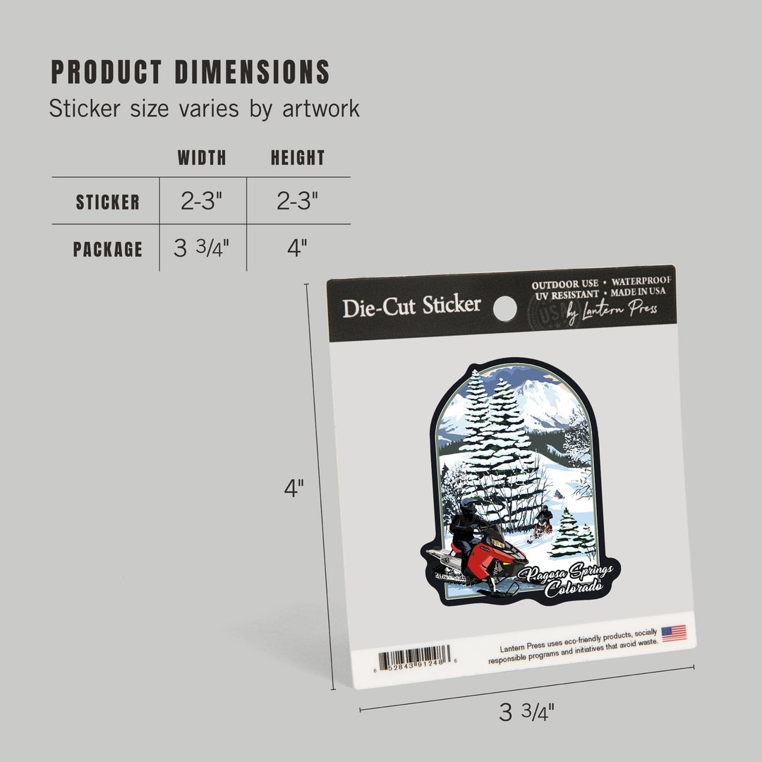Pagosa Springs, Colorado, Snowmobile Scene, Contour, Vinyl Sticker Sticker Lantern Press