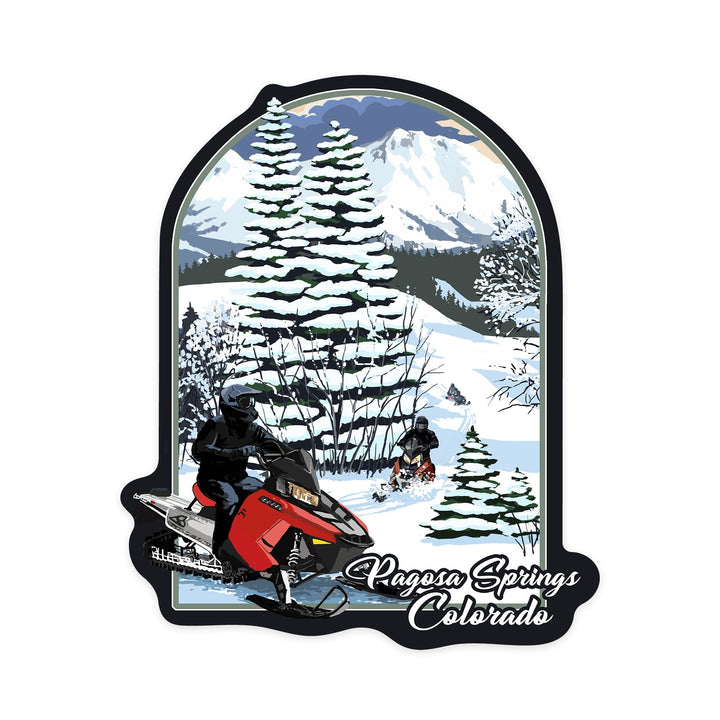 Pagosa Springs, Colorado, Snowmobile Scene, Contour, Vinyl Sticker Sticker Lantern Press