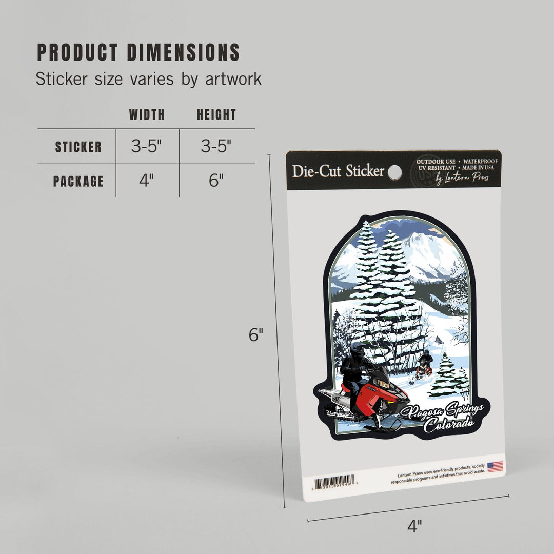 Pagosa Springs, Colorado, Snowmobile Scene, Contour, Vinyl Sticker Sticker Lantern Press