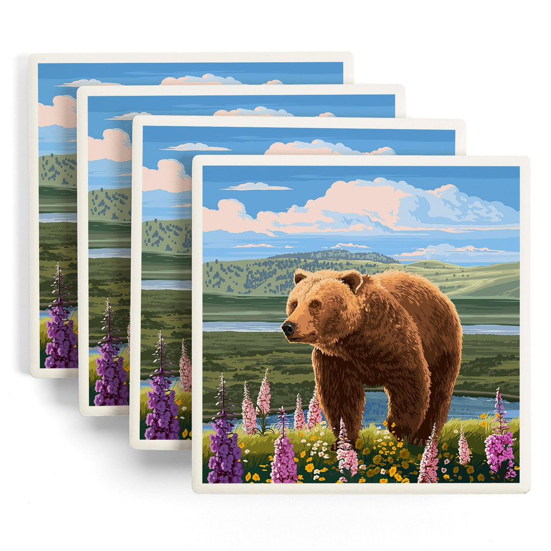 Painterly, Grizzly Bear in Meadow,, Coasters Coasters Lantern Press