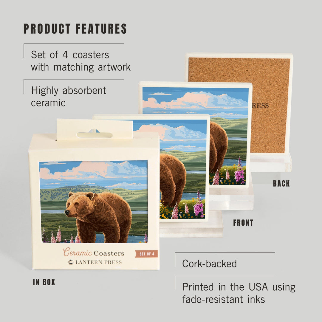 Painterly, Grizzly Bear in Meadow,, Coasters Coasters Lantern Press